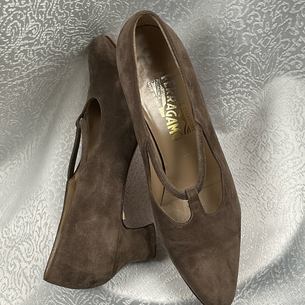 Salvatore Ferragamo Vintage Women's Mary Jane Tan Suede Wedges